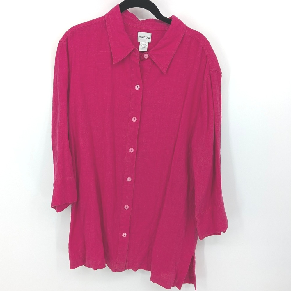 Chicos Top Womens XL Pink Linen Button Down 3/4 Sleeve Tunic Shirt Mature Casual